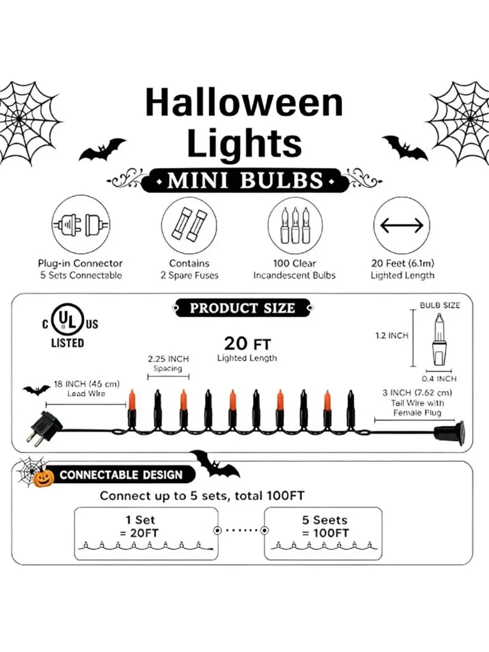 Purple and Orange Halloween Lights, 20FT 100 Count Incandescent Mini String